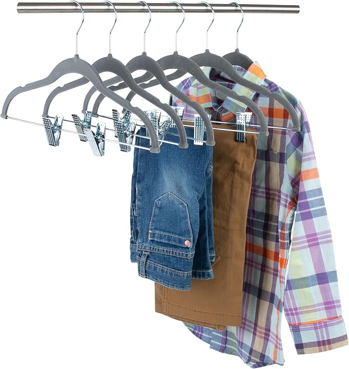 Simplify 60 Pack Children's Velvet Hangers | Durable | Lightweight | Non-Slip | Nursery | Shirt | Pants | Tank Top | Grey | Clips | Closet Organization - Image 11