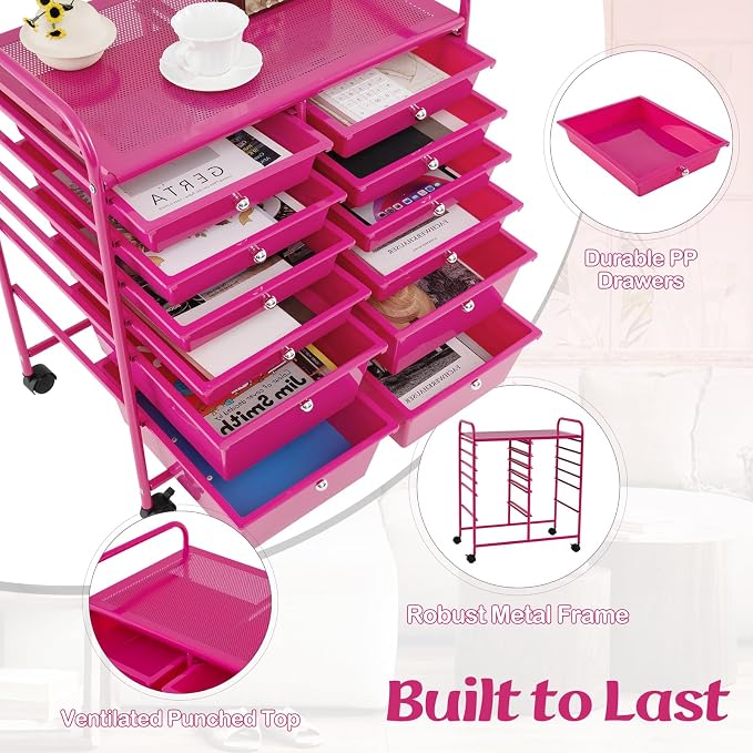 12 Drawer Rolling Storage Cart, Craft Cart Organizer on Wheels w/Metal Frame, Large Capacity & Smooth Drawer, Rolling Cart w/Drawers for Classroom, Office - Image 5
