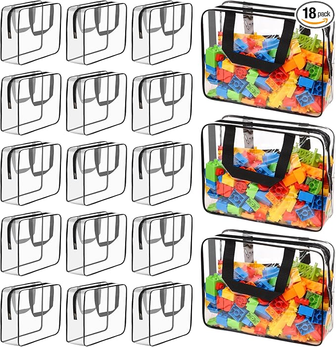 18 Packs Large Toy Storage Bags with Labels, Waterproof Clear Pvc Storage Bags for Toys, Travel Organizer Bags with Zipper Closure for Puzzles, Building Blocks, Kids' Books by MBJZSL