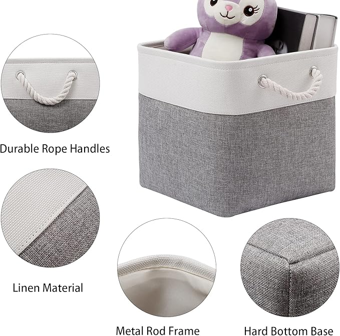 Cube Storage Bins, 6 Pack Collapsible Fabric Storage Cubes, 11 Inch Cube Organizer Bins with Handles (White/Gray) - Image 3