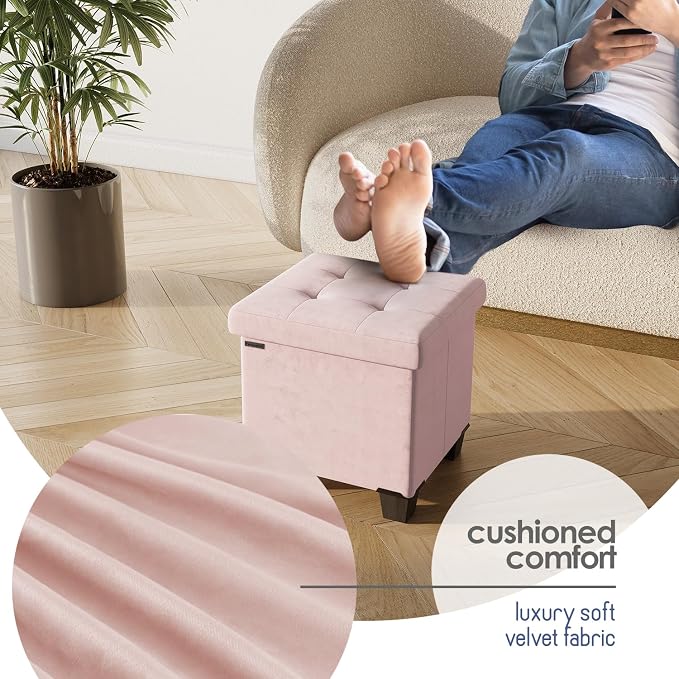 Storage Ottoman Cube with Small Bin, 15-in Square Ottoman with Storage for Living Room and Bedroom, Small Ottomans Foot Rest, Velvet Foot Stools Ottomans Max 330lbs, Pink - Image 8