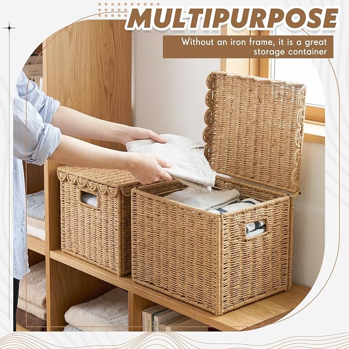 Jingmore File Organizer Box with Scalloped Lid, Paper Rope, Dark Brown | Portable Storage Box Collapsible Letter Hanging Filing Organizer Basket for Office/home, Woven Wicker Decorative Document Box - Image 7