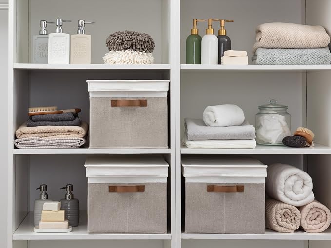 StorageWorks Fabric Storage Bins with Lids, Closet Storage Bins | Lidded Dust-proof, Easy Pull Handles, Foldable, Stackable, Ideal for Clothes Blanket Towel, Jumbo, Brown and White, 3-Pack - Image 7
