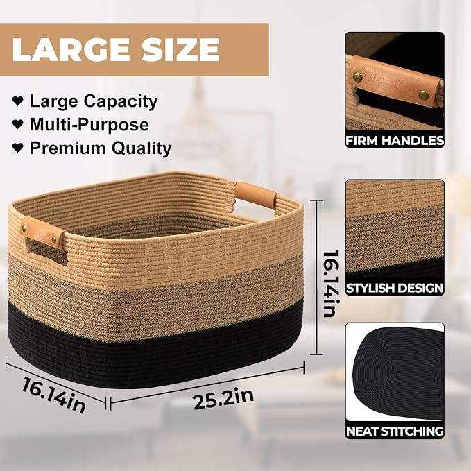 Large Woven Basket, 108L Large Blanket Basket for Living Room, Nursery, Cotton Woven Hamper for Toy Organizing & Laundry, 25’’*16’’*16’’ Gradient Linen - Image 2
