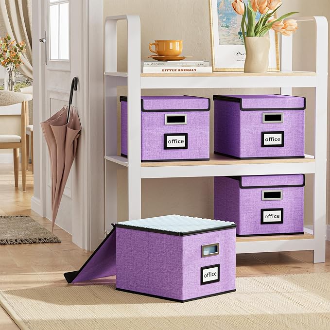 File Organizer Box with Lids, Collapsible File Folder Organizer | File Box with Plastic Slides for Document, Filing Bin for Letter Size Hanging File Folders (2 Pack, Dark Lavender) - Image 2