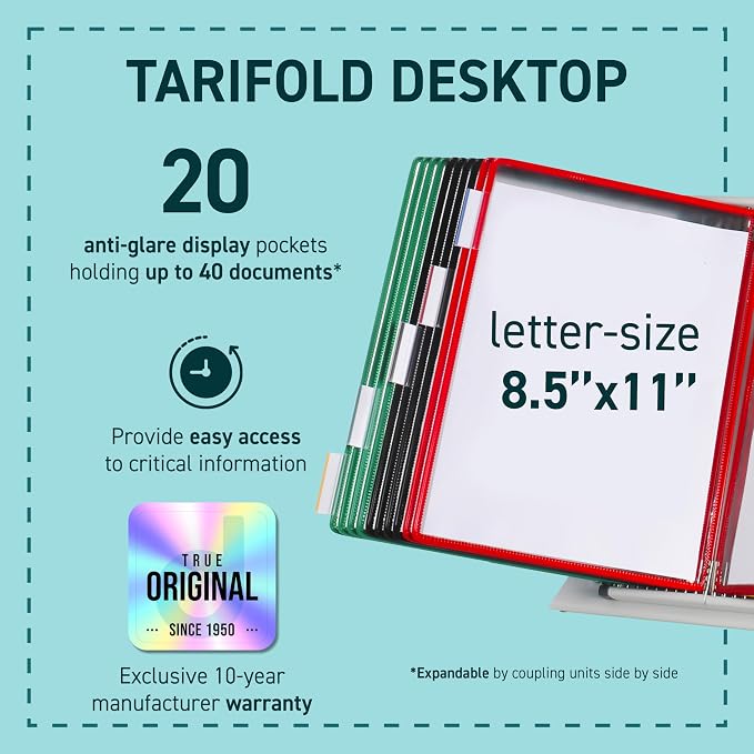 Tarifold Desktop Reference Display System, 20 Pockets, Expandable, Assorted | 20 Double-Sided PVC Pockets, Holds 40 Letter-Size Sheets, Sturdy Metal Base, Quick-Find Indexing, Quick and Easy to Assemble - Image 2