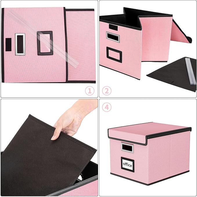 File Organizer Box with Lids, Collapsible File Folder Organizer | File Box with Plastic Slides for Office Document Storage, Filing Bin for Letter Size Hanging File Folders (2 Pack, Pink) - Image 7