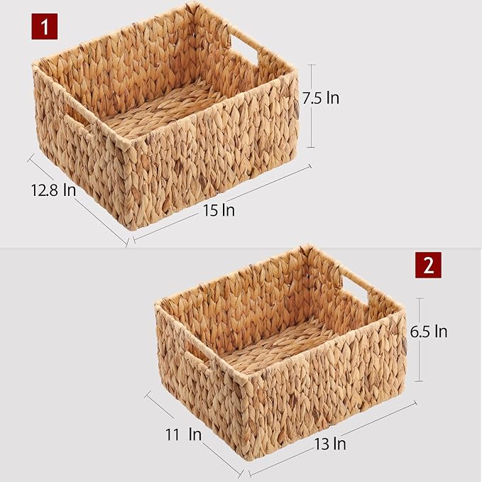 HOONEX Water Hyacinth Storage Baskets, Wicker Baskets for Organizing, Hand Woven Baskets with Carry Handles, Set of 2, Natural - Image 4
