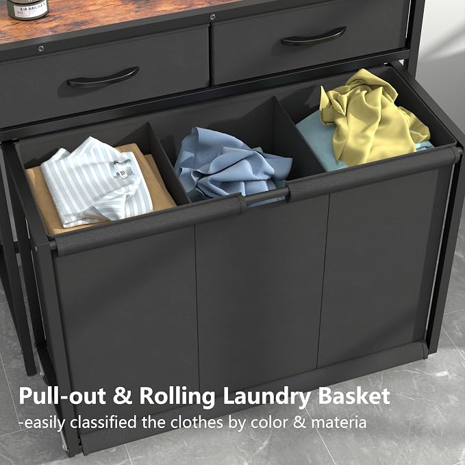 STIKELY Laundry Hamper Laundry Basket with 3 Section Pull-Out Rolling Bags, Laundry Sorter for Organization and Storage with 2 Pull-Out Drawers for Laundry Room, Bathroom, Bedroom Use (Rustic Brown) - Image 5