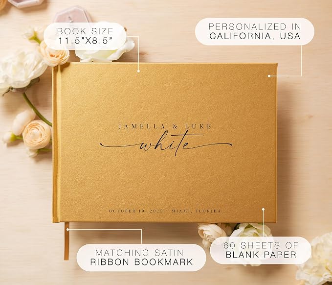 Personalized Guest Book - 11.5" x 8.5" Custom Bride & Groom Names with Bookmark and Hard Cover 140 GSM Blank Pages, for Weddings Guest Book, Engagements, Birthdays, Special Events, Gold - Image 2