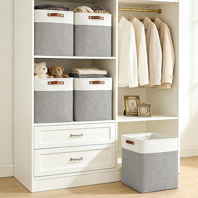 Large Fabric Storage Baskets | 50L Storage Bins, Decorative Linen Closet Baskets with Handles for Organizing, Shelf, Toys, Clothes, Home, Office, Nursery, 17x12x15Inches (Grey&White) - Image 2