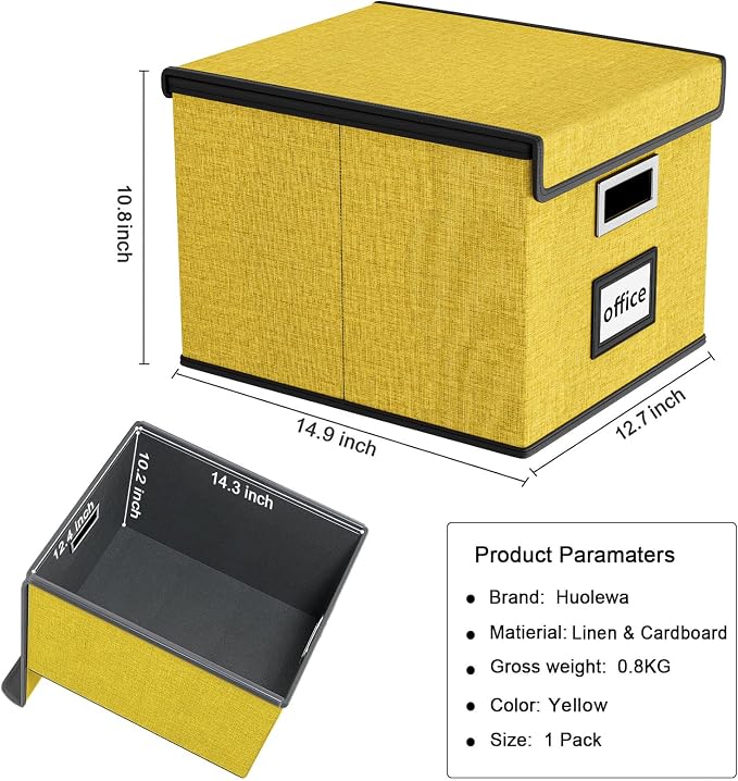 File Organizer Box with Lids, Collapsible File Folder Organizer | File Box with Plastic Slides for Office Document Storage, Filing Bin for Letter Size Hanging File Folders (1 Pack, Yellow) - Image 6