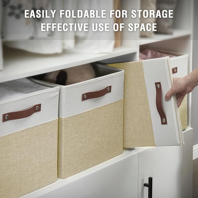 Collapsible Fabric Storage Cube Bins with 2 Reinforced PU Handles, Foldable Storage Organizer Baskets for Closet, Shelves, Living Room | 13"x13"x13", 4 Pack, Beige & White - Image 4