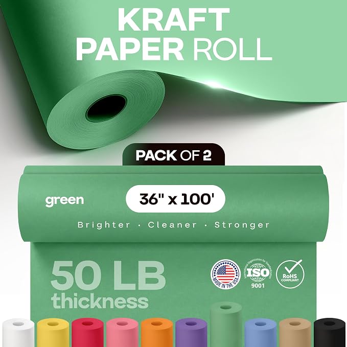36" x 1200" (100 ft) Green Kraft Paper Rolls, Pack of 2 - USA-Made Quality Craft Paper for Gift Wrapping, Kids' Arts & Crafts, School Projects - 50 lb Natural Material by IDL Packaging - Image 4