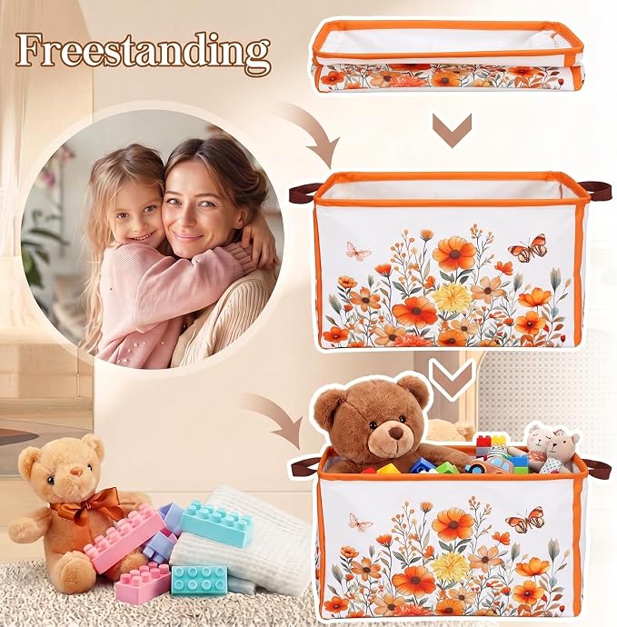 Fourluoo 6 Pack Floral Storage Basket with Handles Clothes Storage Basket Bin Foldable Box Bins Organizer for Closet Shelf Nursery Kid Room Book Toy Chest(6, Fall Flowers) - Image 4
