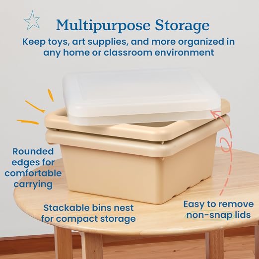 ECR4Kids Stackable Square Bins with Non-Snap Lids, Multipurpose Organization, Sand, 2-Pack - Image 4