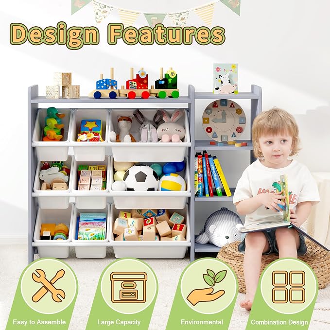 MallBest Kids Toy Storage Organizer with Bins, Solid Pine Wood Frame Toy Storage Cabinet and Kids Bookshelf, 3-Tier Playroom Organizer for Kids Room, Nursery and Bedroom,Grey-Single - Image 7