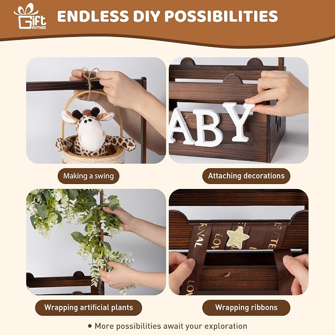 GiftAmaz Brown Wooden Baby Shower Crate Closet, Baby Storage Crate with Handle, Baby Shower Gifts Basket, Baby Welcome Box for Newborn Boys Girls, Pregnancy Gifts for New Parents - Image 6