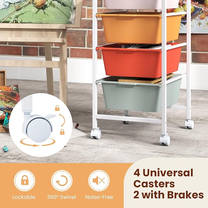 Giantex Rolling Storage Cart with 4 Drawers, Utility Cart w/Wooden Tabletop, Lockable Wheels, Multipurpose Organizer for Art Craft Scrapbook Paper, Drawer Carts for Dorm Classroom Office, Macaron - Image 8