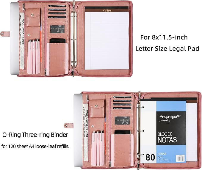 Pink Leather Padfolio for Women, Business Leather Binder 3 Ring Portfolio, Personalzied Leather Portfolio Binder (Pink, Custom) - Image 7