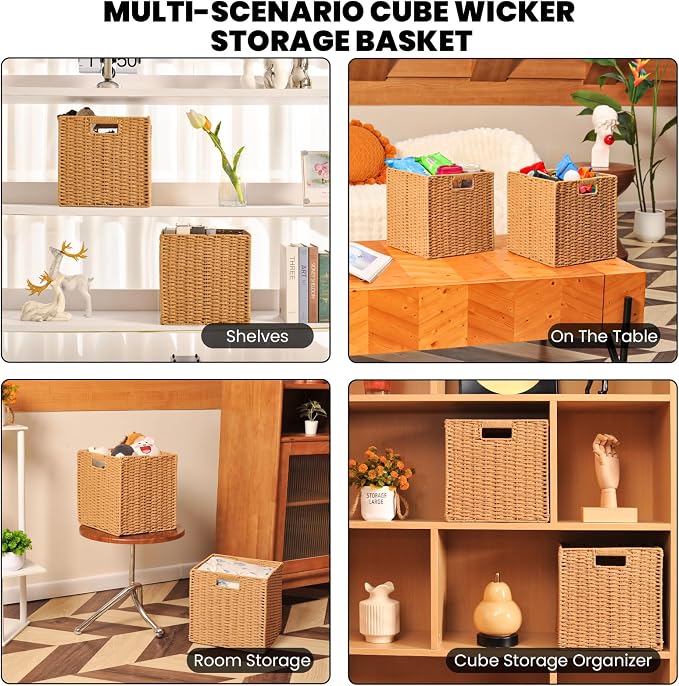 ICERZCZ Wicker Storage Cube Bins for Shelves Closet, Paper Rope Woven Baskets for Storage, Cube Storage Organizer Bin, 11"x10.25"x11", 2 Packs, Yellow - Image 5