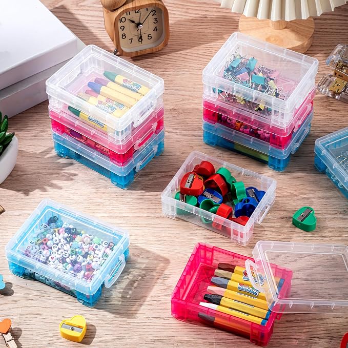 Suzile 40 Pcs Plastic Crayon Boxes Holds 24 Crayon with Snap Lid Storage Container Clear Stackable Case for School Office Classroom Supplies Pen Pencil Craft(Clear, Red, Blue) - Image 4