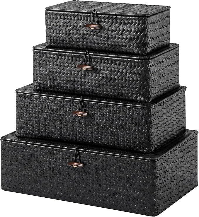 Woanger Set of 4 Wicker Baskets with Lids, Nautral Seagrass Storage Baskets, Woven Rectangular Basket Bins, Rattan Storage Organizer for Shelf Closet Bedroom(Black) by Woanger