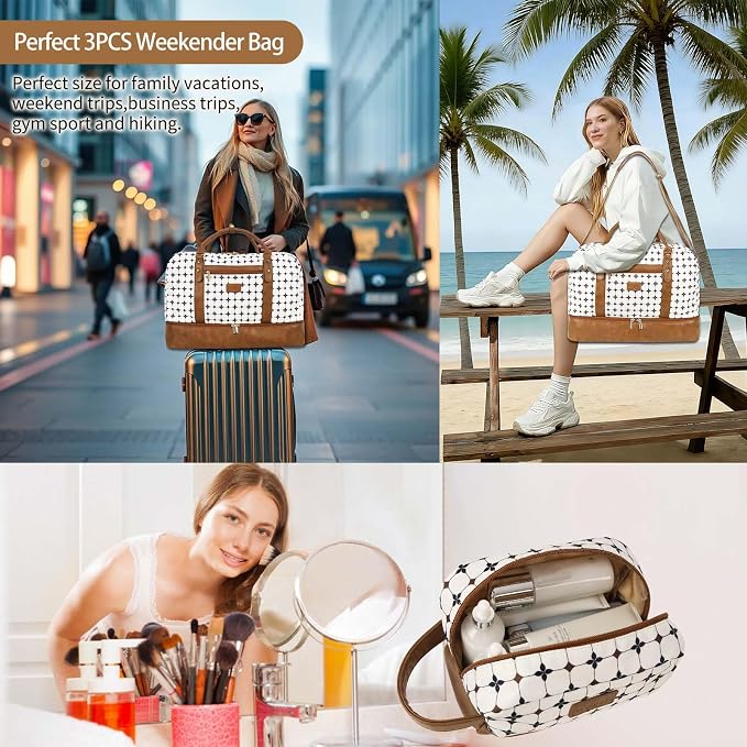 3PCS Weekender Bags for Women Large Overnight Bag, Brown Argyle | Weekender Travel Duffel Bags Carry on Shoulder with Shoe Compartment Toiletry Bag Satchel Bag for Travelling Business Gym - Image 6