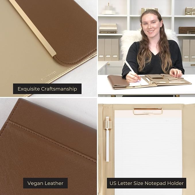 BLU MONACO | Brown Vegan Leather Binder for Women | Magnetic Closure Business Leather Portfolio Organizer with Gold Trim | Professional Padfolio for Meetings Interviews Documents - Image 4