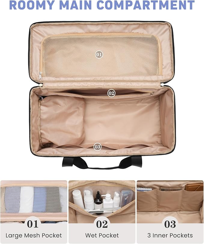 Weekender Travel Duffle Bag for Women: Overnight Bags with Shoe Compartment Carry on Bags for Airplanes with Toiletry Bag Weekend Yoga Gym Bag with Wet Pocket Travel Duffel Tote Bag Hospital Bag Black - Image 3