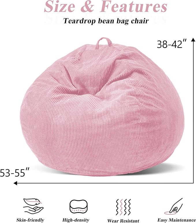 5FT Bean Bag Chair for Adults,Gaint Teardrop Beanbag with Filler | Beanbag Chair with Memory Foam Filled,Bean Bags with Handy Handle&Machine Washable Cover for Living Room,Bedroom-Light Pink - Image 2