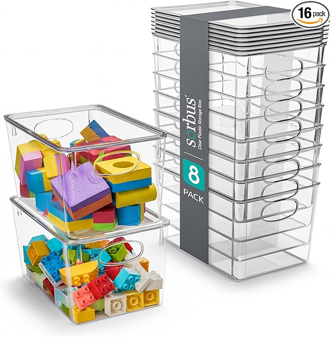 Sorbus Large Clear Plastic Bins with Lids – Stackable Organizer for Toys, Clothes, Medicine, Makeup, Closet, Art Supplies, Bathroom, Shoes – 8 Pack by Sorbus