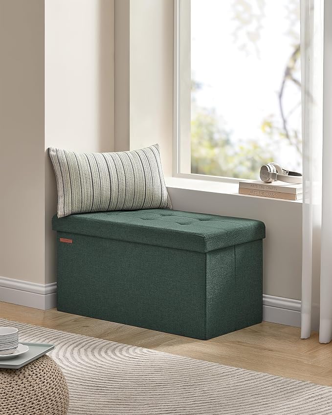 SONGMICS Mazie Collection - 30 Inches Folding Storage Ottoman Bench, Ottoman Foot Rest, End of Bed Bench, Storage Chest, Load 660 lb, for Living Room, Bedroom, Entryway, Retro Green ULSF047C01 - Image 8