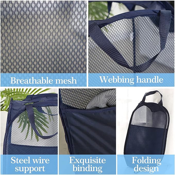 AQQA 9 Pcs Mesh Popup Laundry Hamper Set, Black/White/Blue, Durable Handles, Foldable, Sturdy Mesh Construction, Ideal for Kids, Teens, Adults, College Dorm, Camping, Hotel, Travel | Foldable, Sturdy Mesh Construction, Ideal for Kids, Teens, Adults, Co... - Image 4