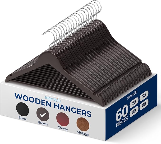 SereneLife Wooden Clothes Hangers 60 Pack, Brown Wood Coat Hangers, Non-Slip Shoulder Grooves & Notches, 360° Swivel Chrome Hook, Space-Saving for Suits & Jackets, Closet Organizer - Home Essentials by SereneLife