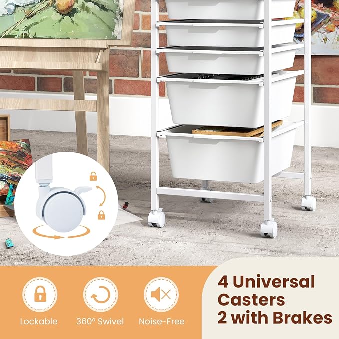 Giantex Rolling Storage Cart with 5 Drawers, Utility Cart w/Wooden Tabletop, Lockable Wheels, Multipurpose Organizer for Art Craft Books Paper, Drawer Carts for Dorm Classroom Office, White - Image 8