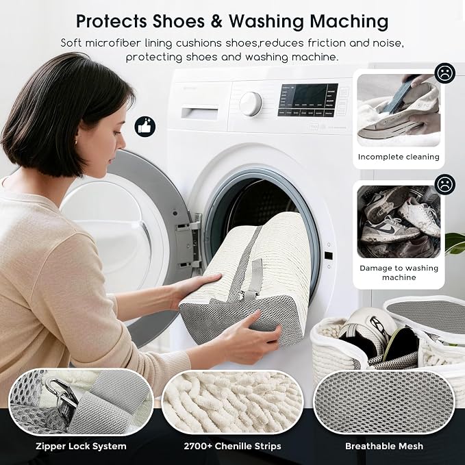 Dual Compartment Shoe Washing Machine Bag for Sneakers, Beige/Gray, 2-Pack | Clasp-Lock Zipper, Reinforced Seams and Bound Edges, Longer & Denser Chenille Strips for 360° Deep Cleaning - Image 5
