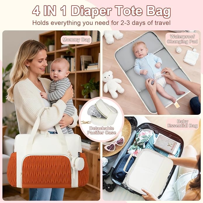 Diaper Tote Bag for Baby 6PCS, Large Mom Hospital Bags with Changing Pad | Mommy Bags for Labor and Delivery, Baby Shower Girl Boy Gift, Mama Bag with Pacifier Case Storage Bag and Shoulder Strap - Image 3