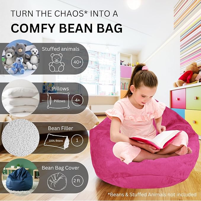 Bean Bag Stuffed Animal Storage Chair Cover (No Filler) for Kids and Adults. Extra Large Bird's Nest Beanbag Memory Foam Soft Premium (Pink, 2.5 ft (Cover Only)) - Image 2