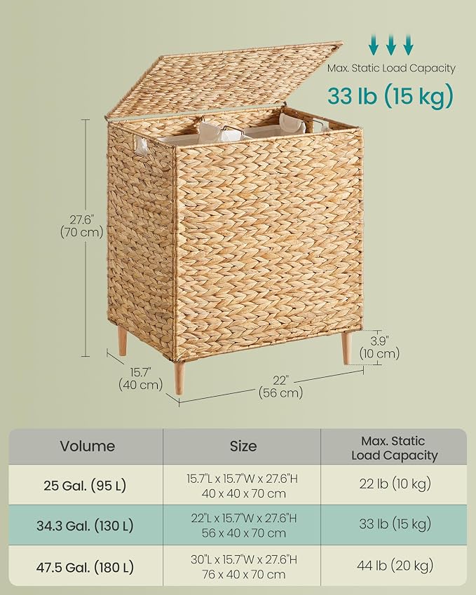 SONGMICS Laundry Hamper 2 Sections, 34.3 Gal. (130 L) Handwoven Water Hyacinth Wicker Laundry Basket with Lid, Natural Material, Removable Machine Washable Liners, Handles, Natural ULCB202Y01 - Image 6