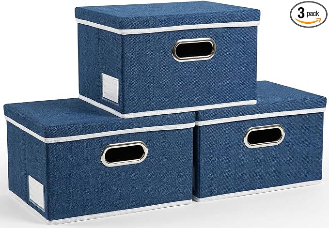 Storage Bins with Lids [3-Pack] Linen Fabric Foldable Storage Boxes Organizer Containers Baskets Cube with Cover for Bedroom Closet Office Royal Blue（11.4X8.6X6.7 by Prandom
