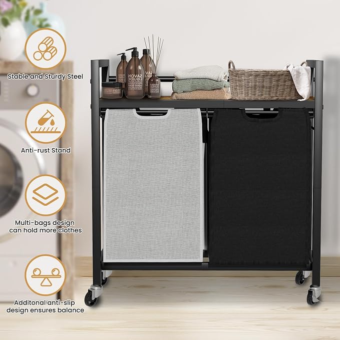 SwaaVee Laundry Sorter, Laundry Hamper with Wooden Top Shelf, 2×14.5Gal(110L), Metal Frame laundry basket with wheels, Pull out and Removable Laundry Bags, 2 Bags-Black Grey - Image 6