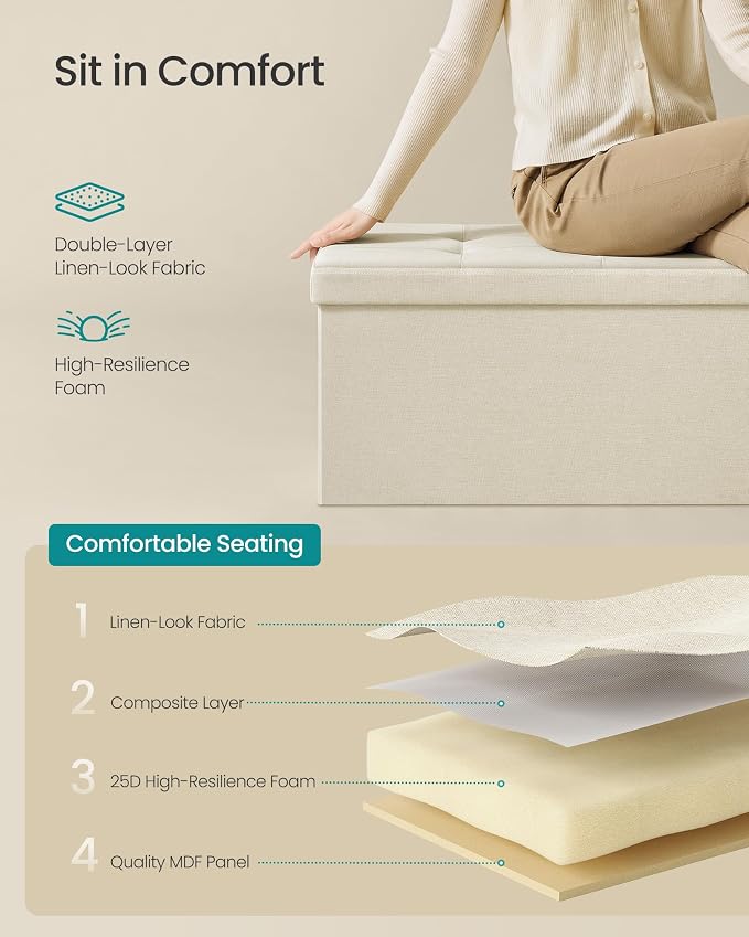 SONGMICS MAZIE Collection - 43 Inches Folding Storage Ottoman Bench, Ottoman Foot Rest, End of Bed Bench, Storage Chest, Load 660 lb, for Living Room, Bedroom, Entryway, Cream White ULSF77BE - Image 5