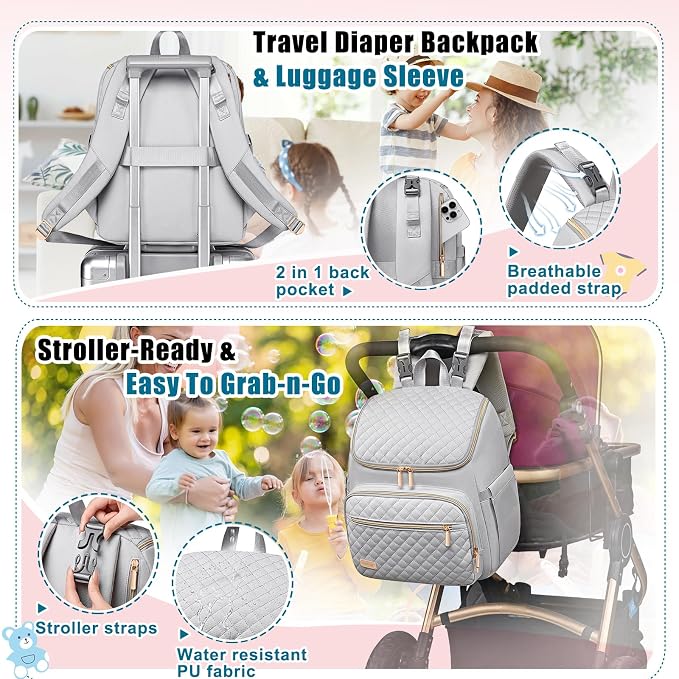 Diaper Bag Backpack Large Baby Diaper Bag with Changing Pad Travel Diaper Backpack,Baby Bag for Boys Girls,Stroller Straps,5 Insulated Pockets (Gray) - Image 6