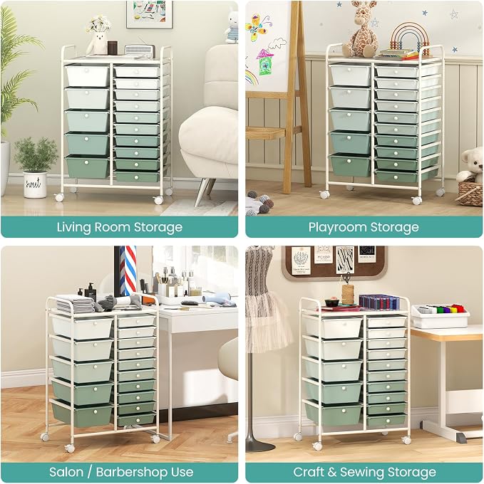 15 Drawer Rolling Storage Cart, Rolling Cart with Drawers for Classroom, Art Supply Craft Organizer on Wheel with Metal Frame & Handles for Home Office School (Gradient Green, 15 Drawer) - Image 9