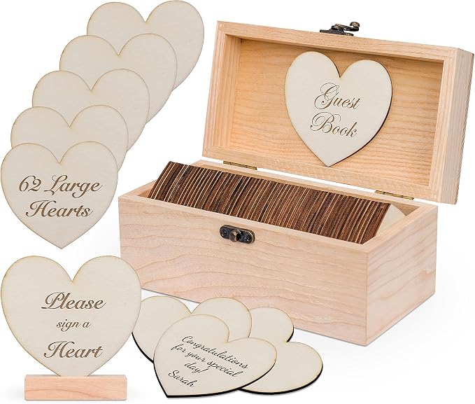 Jecor Alternative Guest Book Box - Wedding Guest Book Alternative - | 62 Large Wooden Hearts - Baby Shower, Bridal Shower, Anniversary, Birthday, Retirement, Funeral Guest Book Alternatives by JecorCreatingMemoriesTogether