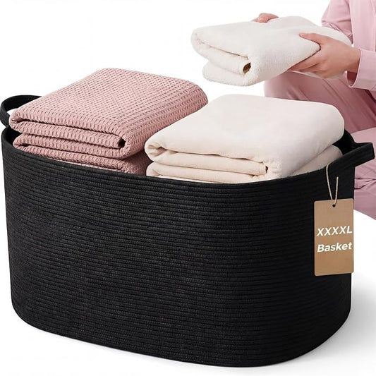 XXXXL 125L Extra Large Woven Blanket Basket, 25" x 18" x 17" Jumbo Cotton Rope Storage Basket with Handles Toy Storage Bins for Laundry Hamper Nursery Organizer Living Room Home(Black) by Unknown