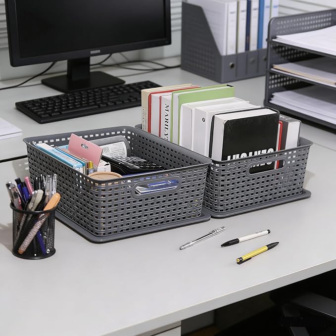 6 Pack Plastic Storage Bins with Lids, Stackable Storage Baskets with Handles, Plastic Organizer Container Bins for Desk,Shelves,Office, Pantry Organizers and Storage, Grey - Image 6