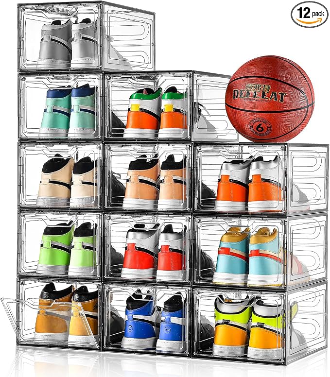 Stebopum 12 Pack Shoe Boxes Shoes Organizer, Shoe Storage Organizer Boxes with Magnetic Door, Clear Shoe Organizers Sneaker Storage Shoe Box for Women/Men, Fit up to US Size 12 by Stebopum