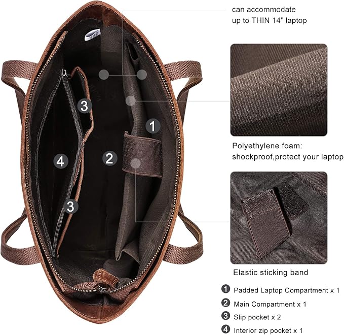 S-ZONE Leather Tote Bag for Women Work Handbag with Luggage Sleeve | Top Grain Genuine Leather, Padded Laptop Compartment, Multi Pockets, Large Retro Purse, Travel Everyday - Image 5